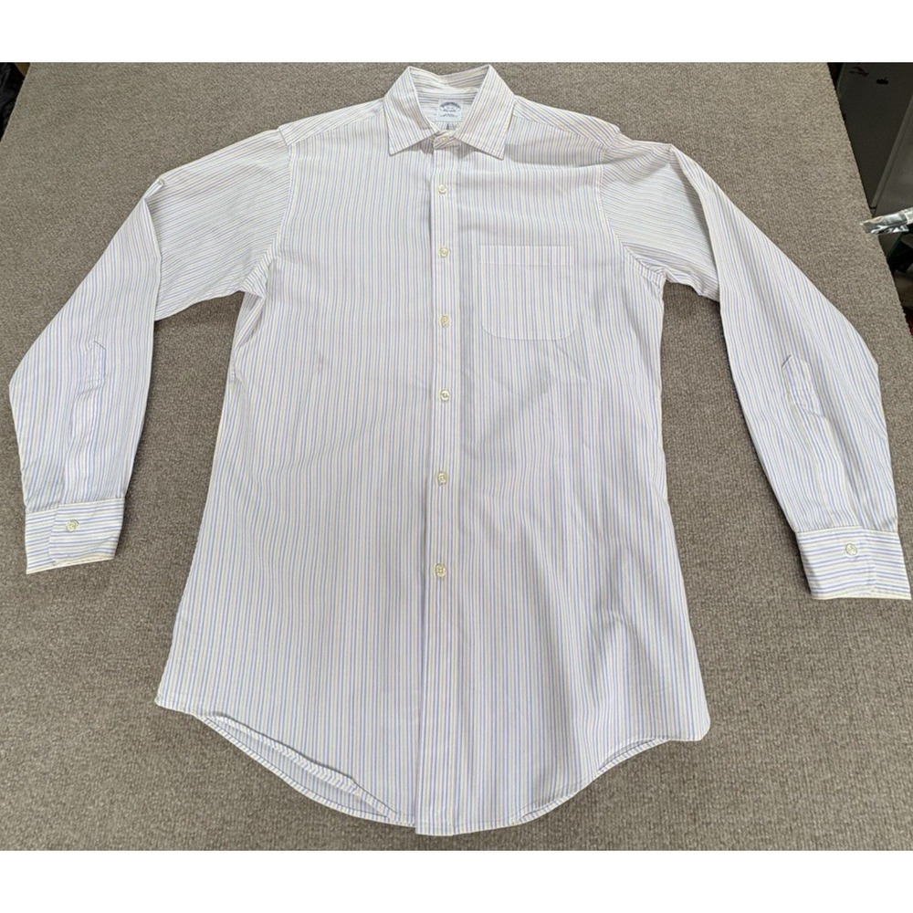 Brooks Brothers Men's 15-33 Shirt Long Sleeve Slim Blue Yellow Strips Preppy